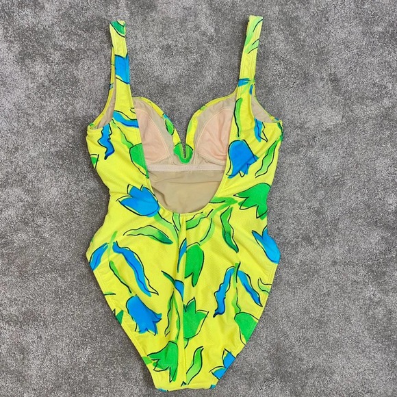 L 12 VTG La Blanca One Piece Textured Low Back Neon Bright Flower Print Swimsuit - Picture 3 of 9